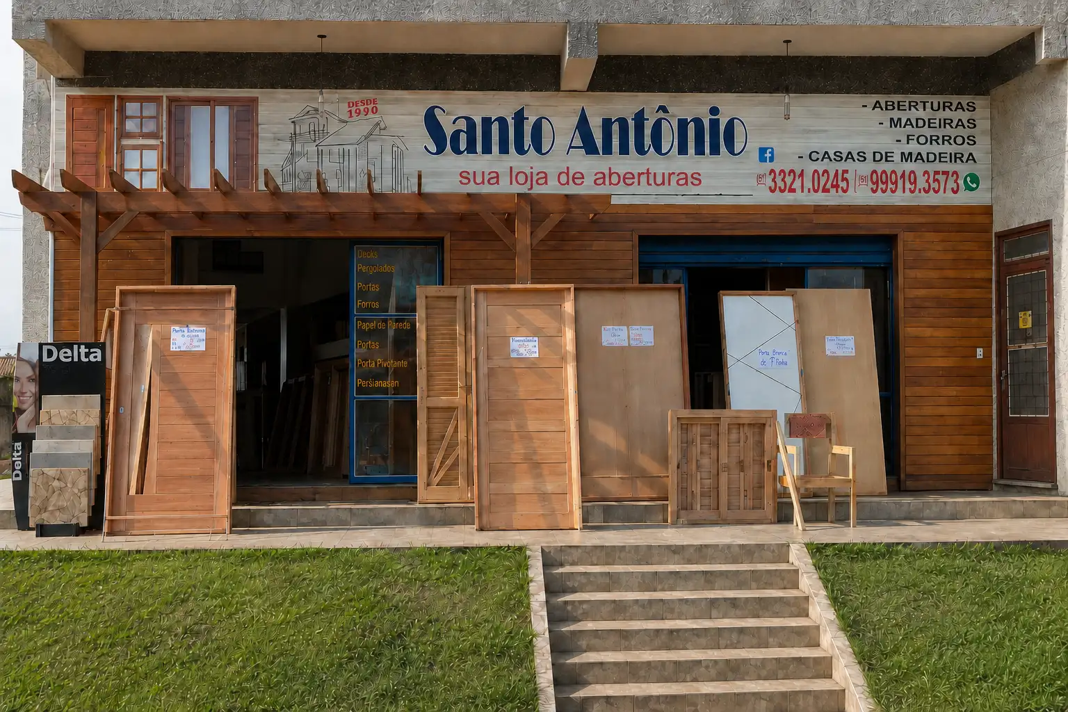 Fachada santo antonio loja de aberturas e construtra de casas de madeira